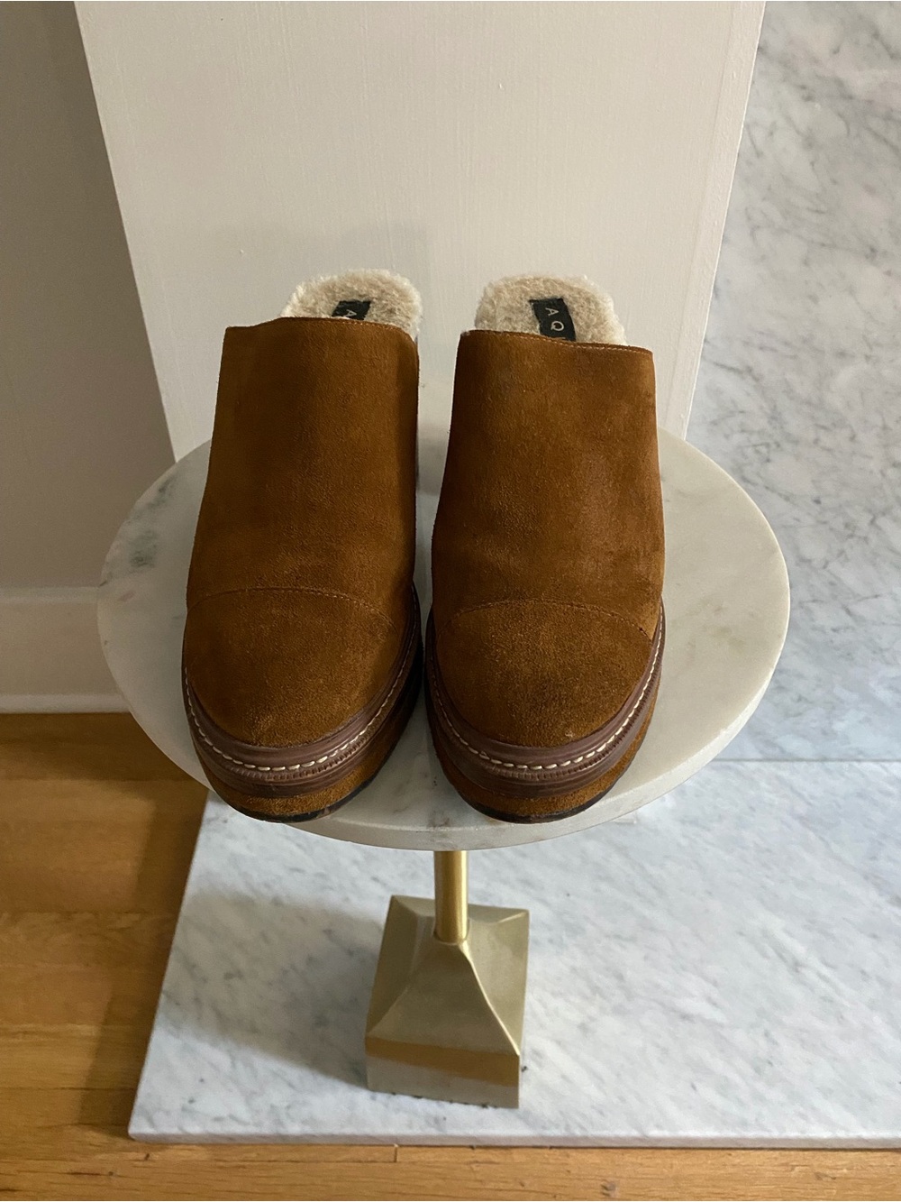 Aqua Suede Shearling-Lined Mules